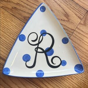 Triangle Plate with Blue Polka Dots and Letter R